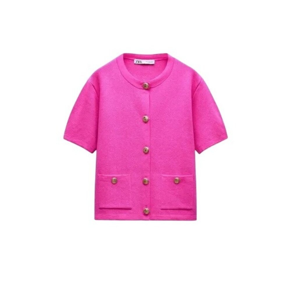ZARA Bright Pink Short Sleeve Small Knit Cardigan With Gold Buttons & Pockets - Picture 5 of 16